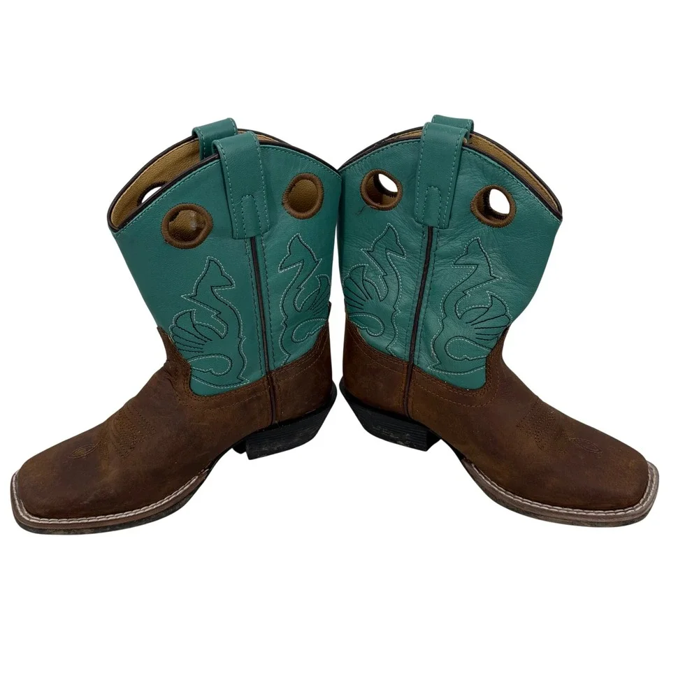 Masterson Boot Co Western Boots Kids 1M Brown Teal Good Leather Square Toe